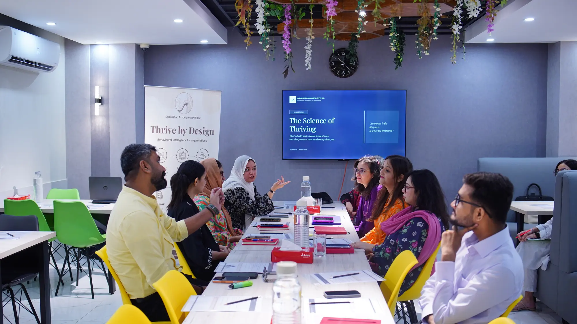 The Jubilee Life HR team around a long table in Karachi, with a Thrive by Design banner and a screen titled The Science of Thriving.